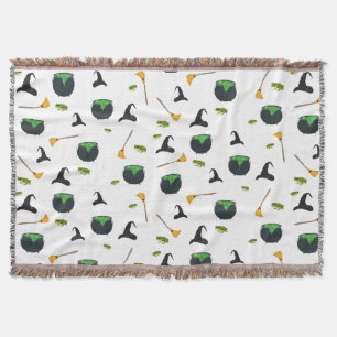 Witch Hat Broom Cauldron Halloween Pattern Throw Blanket