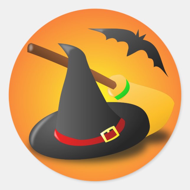 Witch Hat Broom Orange Gradient Classic Round Sticker (Front)