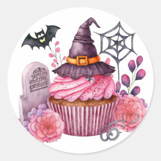 Witch hat, cake, Halloween flowers Classic Round Sticker