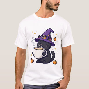 Witch Hat Cat Latte Funny Halloween Coffee Art T-Shirt