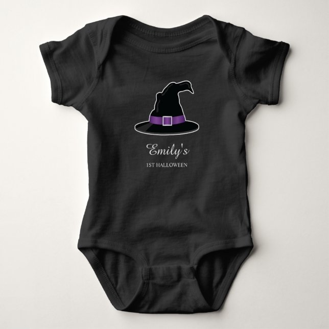 Witch Hat Child's First Halloween With Custom Name Baby Bodysuit (Front)