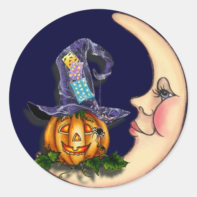 WITCH HAT, JACK & CRESCENT MOON by SHARON SHARPE Classic Round Sticker (Front)