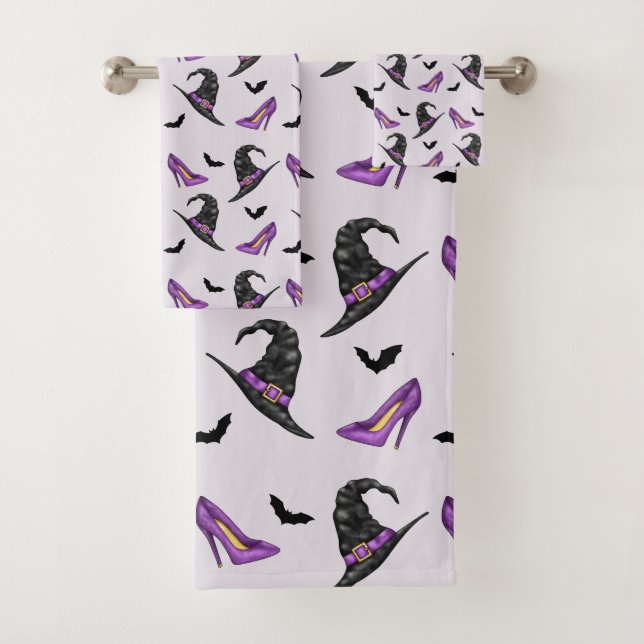 Witch Hat Lilac Heels With Bats Halloween Pattern Bath Towel Set (Insitu)