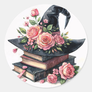 Witch Hat On Books With Pink Roses Classic Round Sticker