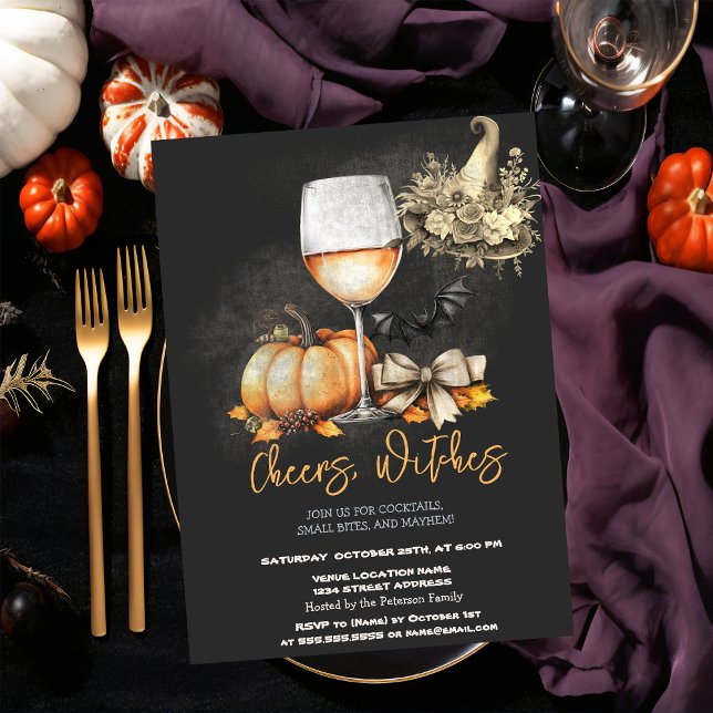Witch Hat Pumpkin Bow Wine Glass Halloween Party  Invitation (Creator Uploaded)
