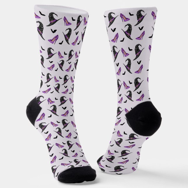 Witch Hat Purple Shoes And Bats Halloween Pattern Socks (Angled)