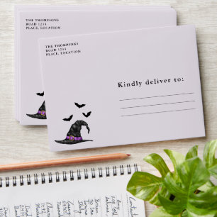 Witch Hat Purple Shoes And Bats Lilac Halloween Envelope