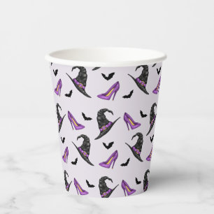 Witch Hat Purple Shoes And Bats Pattern Halloween Paper Cups