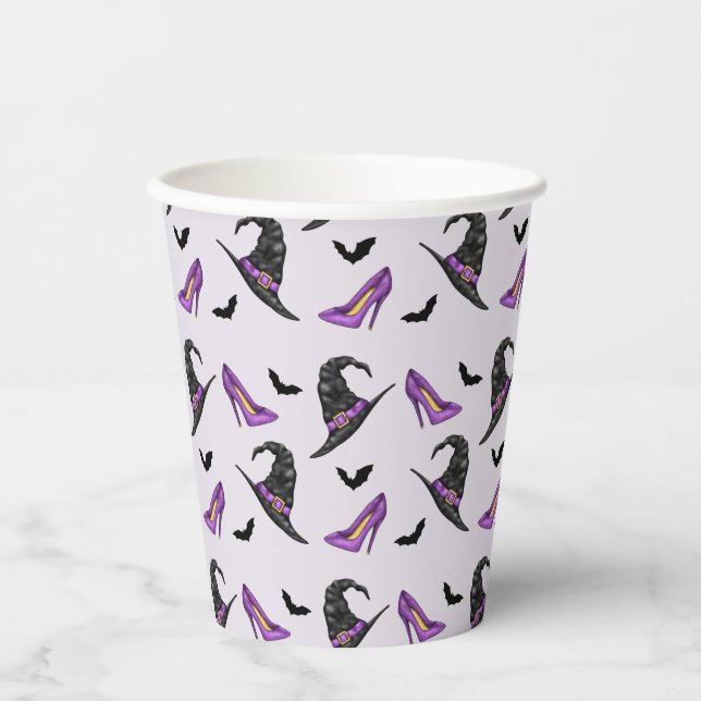 Witch Hat Purple Shoes And Bats Pattern Halloween Paper Cups (Front)