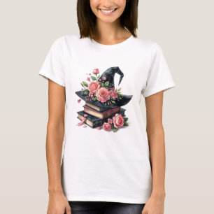 Witch Hat With Pink Roses Bookstack T-Shirt