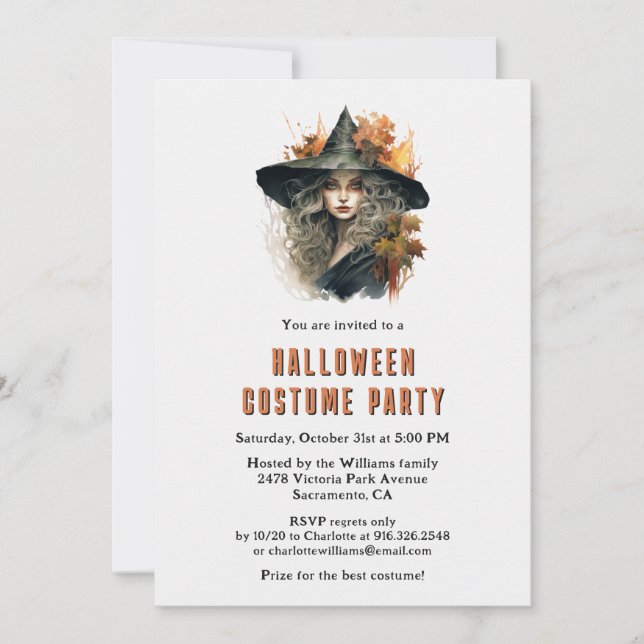 Witch In a Hat Black Cat Halloween Costume Party Invitation (Front)