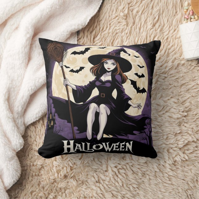 Witch in a spooky landscape under a full moon cushion (Blanket)