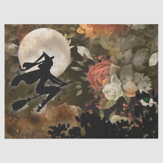 Witch in Halloween Moon Flowers Decoupage Tissue P Paper (Front)