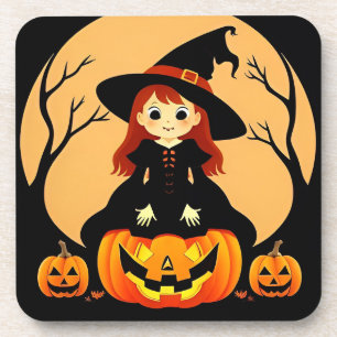 Witch in Halloween Setting with Pumpkins Coaster