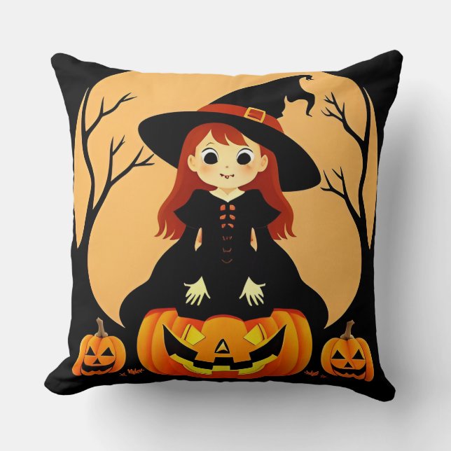 Witch in Halloween Setting with Pumpkins Cushion (Front)