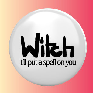 Witch in hand-lettered black ink saying 3 cm round badge