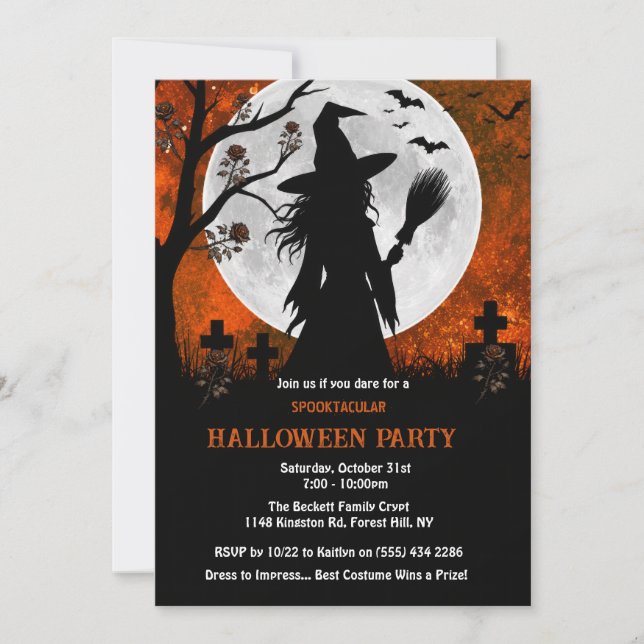 Witch in moonlit graveyard Halloween Party  Invitation (Front)