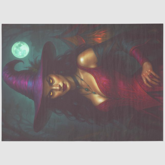 Witch in Red with Full Moon – Gothic Halloween Tissue Paper (Front)