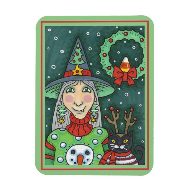 WITCH IN SNOWMAN SWEATER, BLACK CAT XMAS HALLOWEEN MAGNET (Vertical)