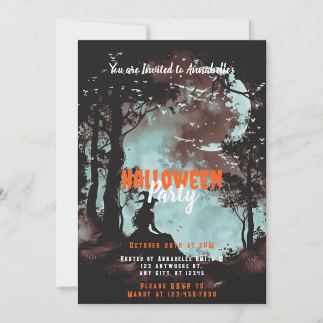 Witch in the Woods Moon Bats Halloween Party Invitation (Front)