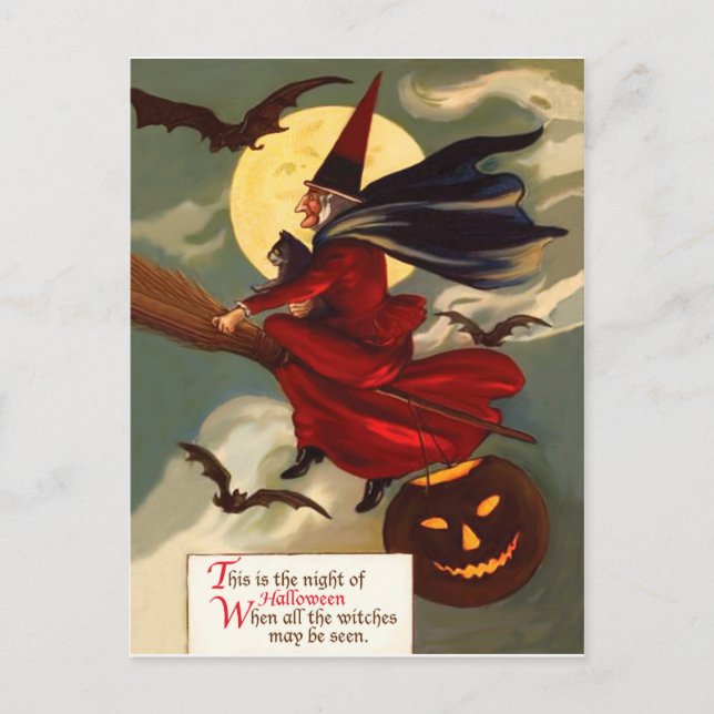 Witch is flying on her broom in Halloween night Postcard (Front)