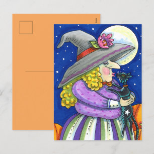 WITCH IS SMITTEN WITH KITTEN, BLACK CAT KISSES HOLIDAY POSTCARD