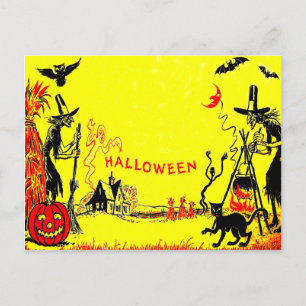 Witch Jack O' Lantern Owl Ghost Haunted House Postcard