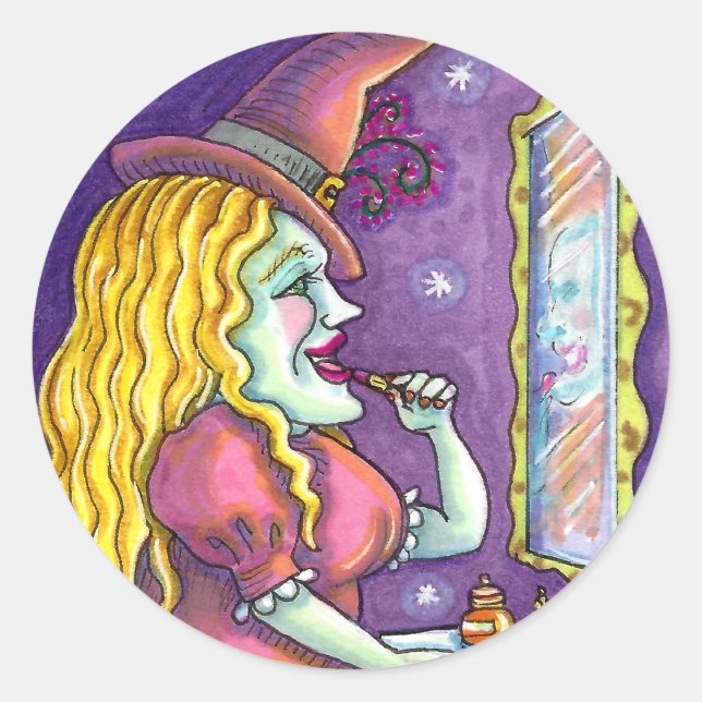 WITCH LIPSTICK, PERFUME & NAIL POLISH, FUNNY CUTE CLASSIC ROUND STICKER (Front)