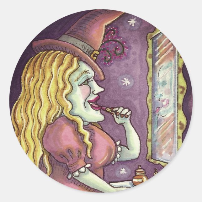 WITCH LIPSTICK, PERFUME & NAIL POLISH, FUNNY CUTE CLASSIC ROUND STICKER (Front)