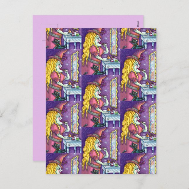 WITCH LIPSTICK, PERFUME & NAIL POLISH, FUNNY CUTE HOLIDAY POSTCARD (Front/Back)