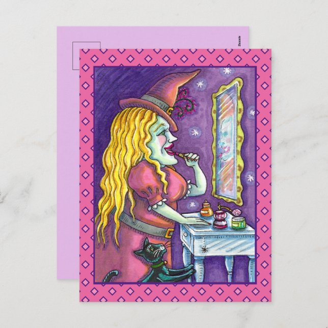 WITCH LIPSTICK, PERFUME & NAIL POLISH, FUNNY CUTE HOLIDAY POSTCARD (Front/Back)