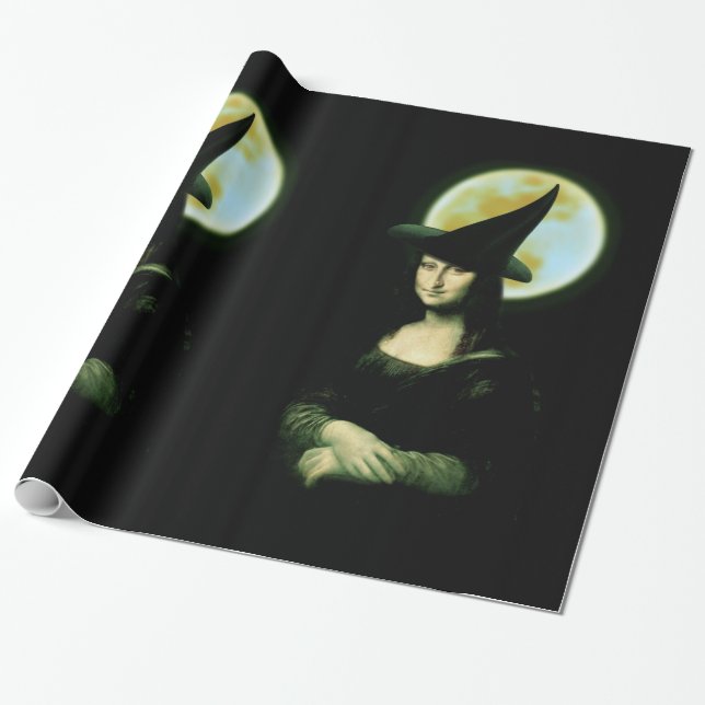 Witch Mona Lisa Halloween Full Moon Wrapping Paper (Unrolled)