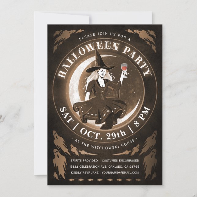 Witch & Moon Halloween Invitations | Amber (Front)