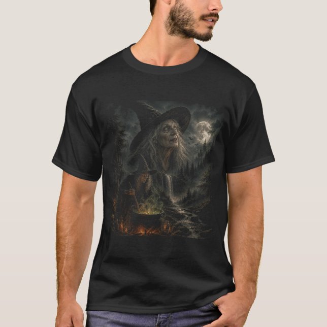 Witch Night Cauldron | Haunted Moon, Bats, Forest T-Shirt (Front)