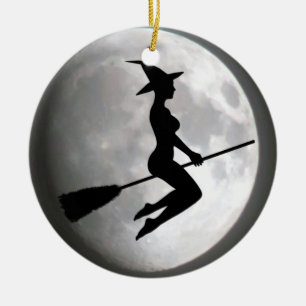 Witch On a Broom Against the Moon Round Ornament