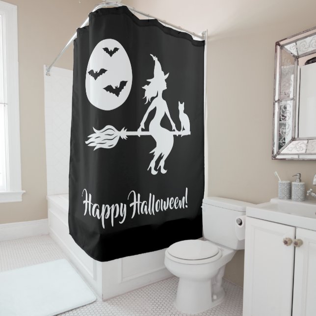 Witch On A Broom Black And White Happy Halloween Shower Curtain (In Situ)