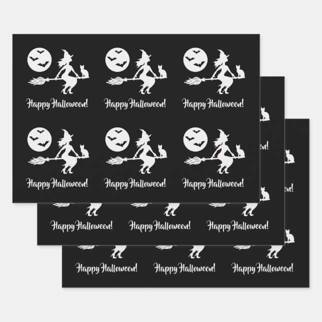Witch On A Broom Black And White Happy Halloween Wrapping Paper Sheet (Set)