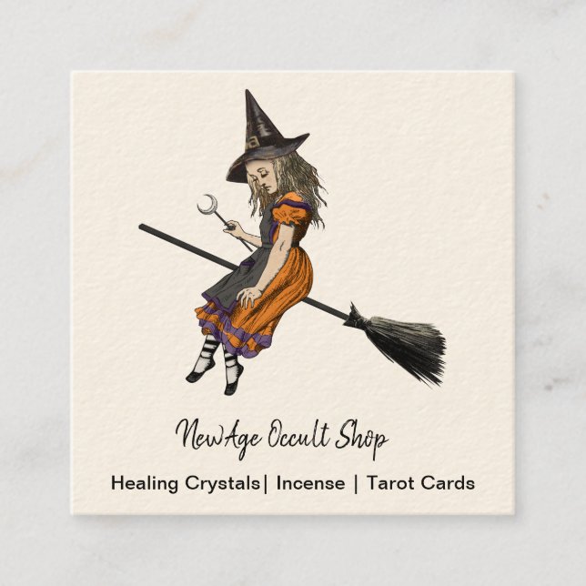 Witch on a Broom Occult Shop Square Business Card (Front)