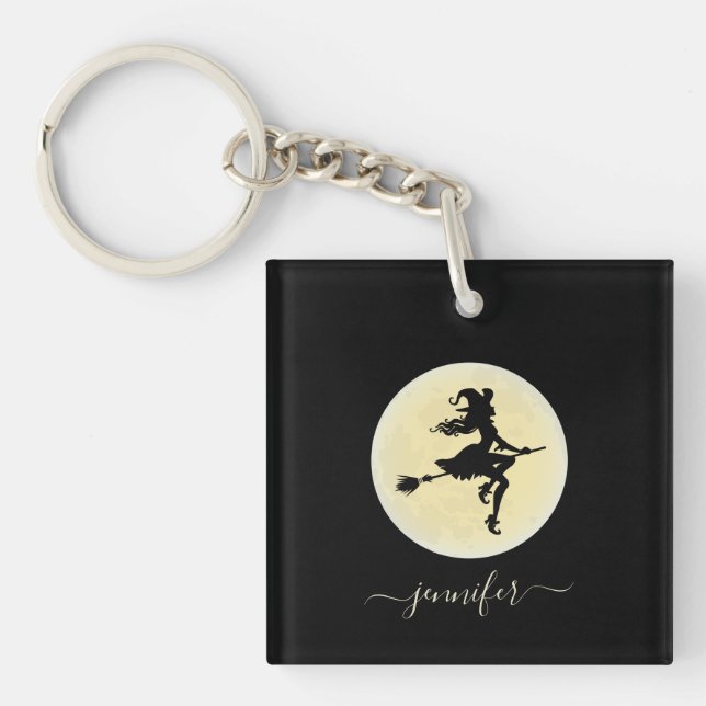 Witch on a broom personalised key ring (Front)