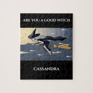 Witch on a broom puzzle. Custom name. Jigsaw Puzzle