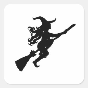 Witch on a Broom Silhouette Square Sticker