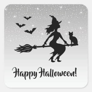 Witch On A Broom Silver Grey And Black Halloween Square Sticker