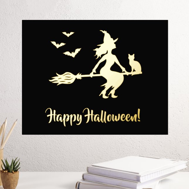 Witch On A Broom With Cat And Bats Happy Halloween Foil Prints (In Situ (Desk 3))