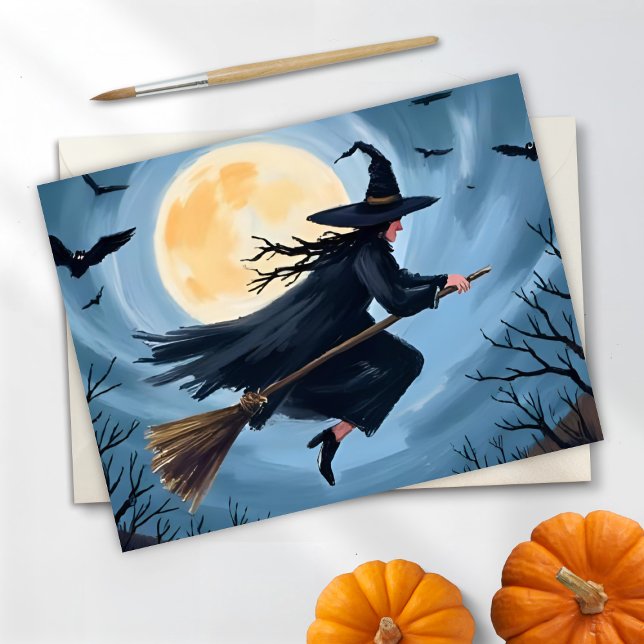 Witch on a Broomstick | Happy Halloween Painted Holiday Card (Creator Uploaded)