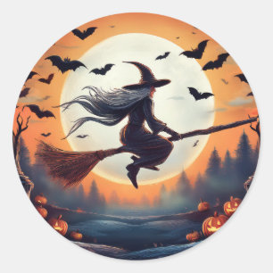 Witch on a Broomstick in the Moonlight with Bats Classic Round Sticker