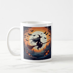 Witch on a Broomstick in the Moonlight with Bats Coffee Mug