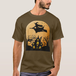 Witch on Broom flying over Haunted House Halloween T-Shirt