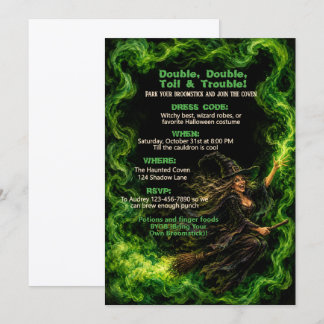 Witch on Broom Halloween Costume Party Invitation
