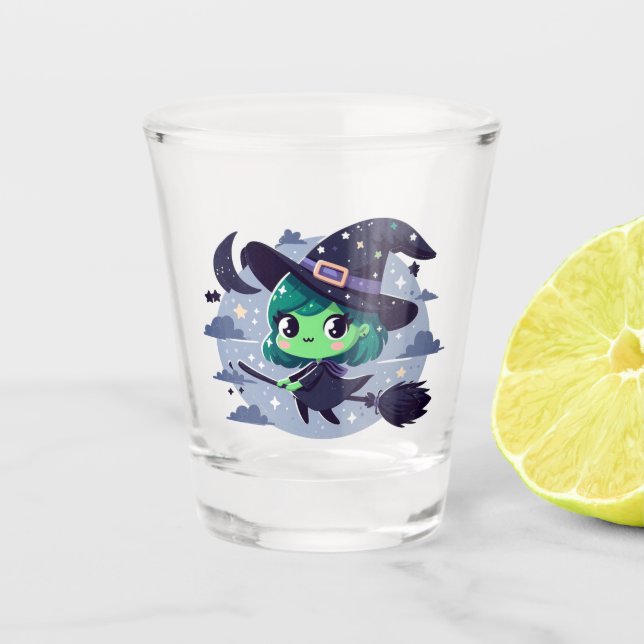 Witch on Broom Halloween Cute Cartoon Moon Bats Shot Glass (Front)