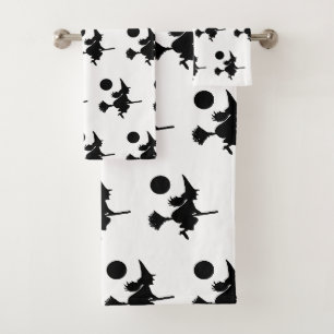 Witch on Broom Halloween Pattern Bath Towel Set